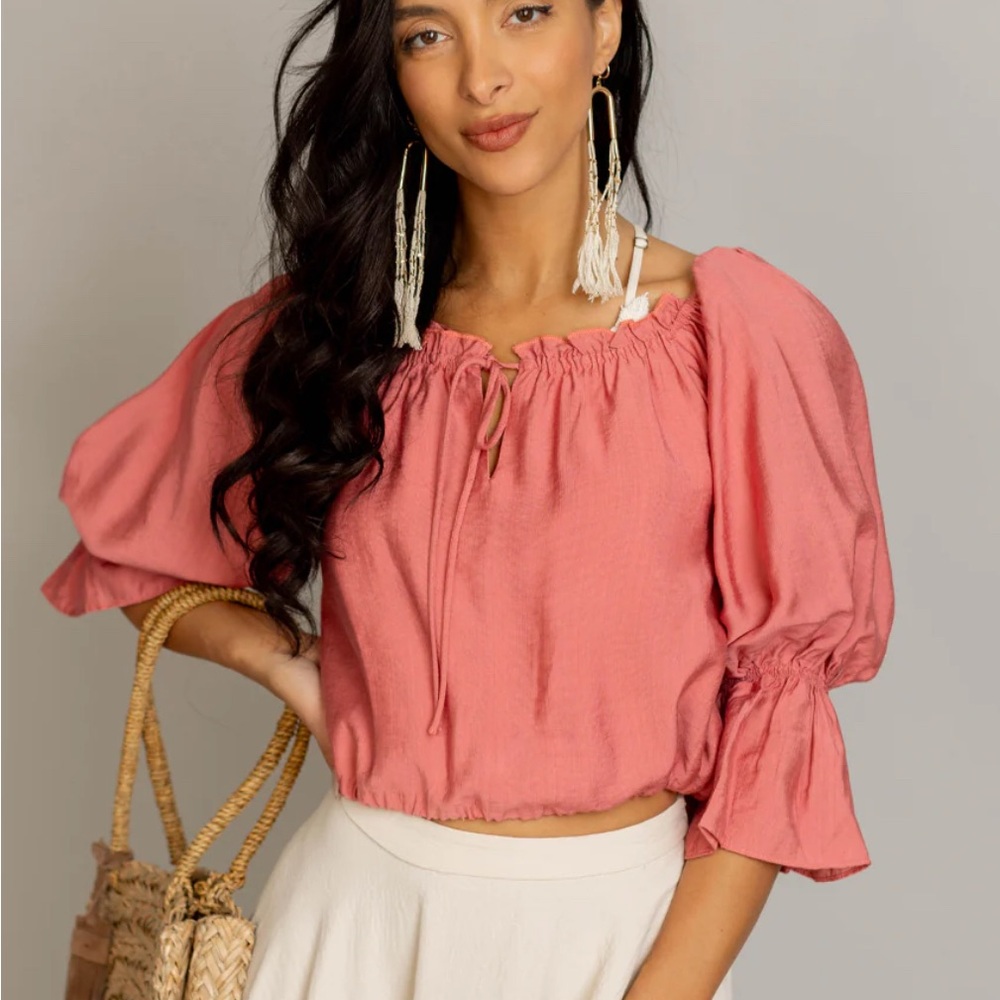 Joyfolie Coral Pink Blouse with Puff Sleeves